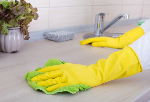 Gloved cleaner using PPE while cleaning a home in Putney